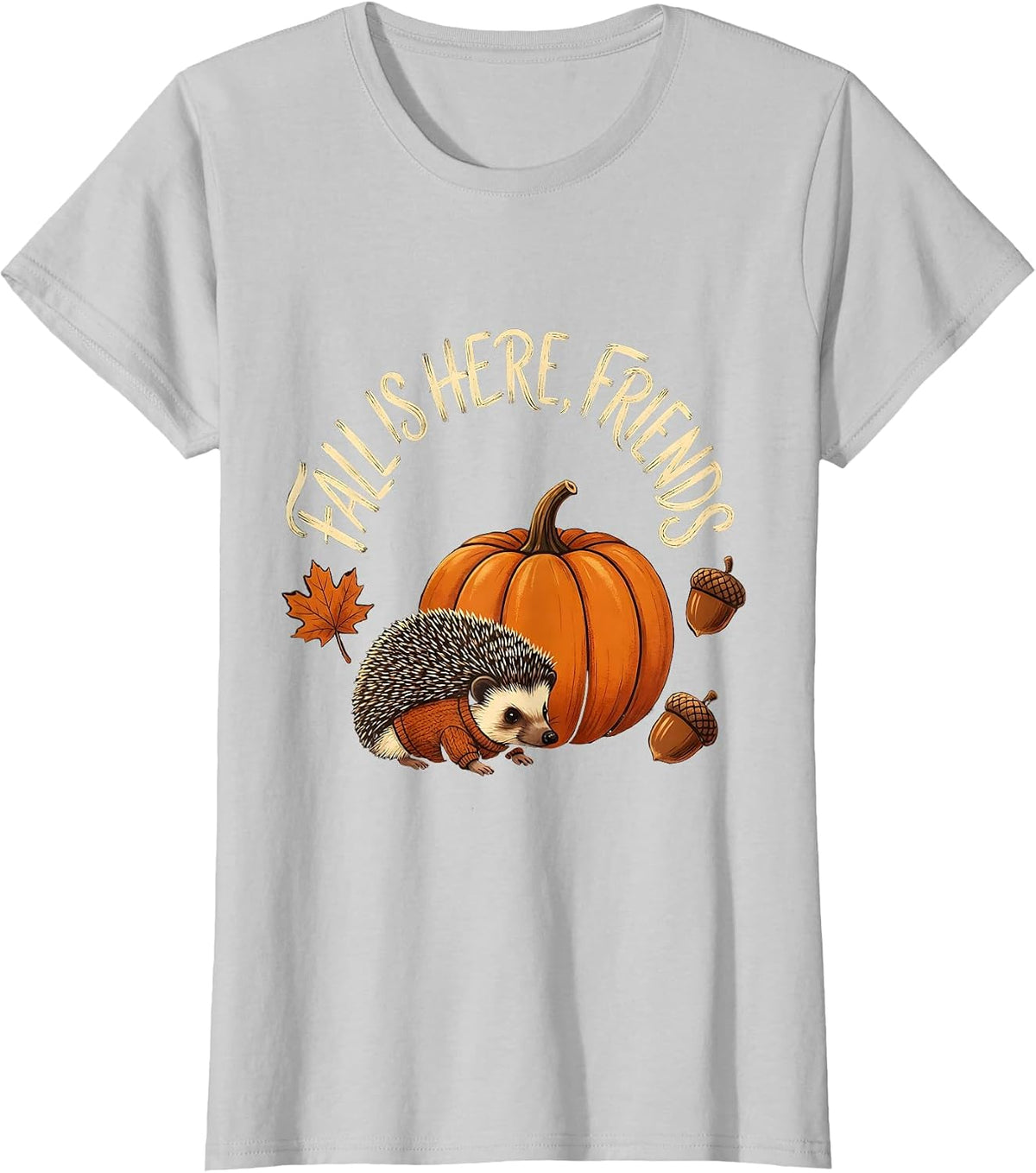 Women's Fall Is Here Friends Cozy Autumn Hedgehog Pumpkin Patch T-Shirt - Silver Grey
