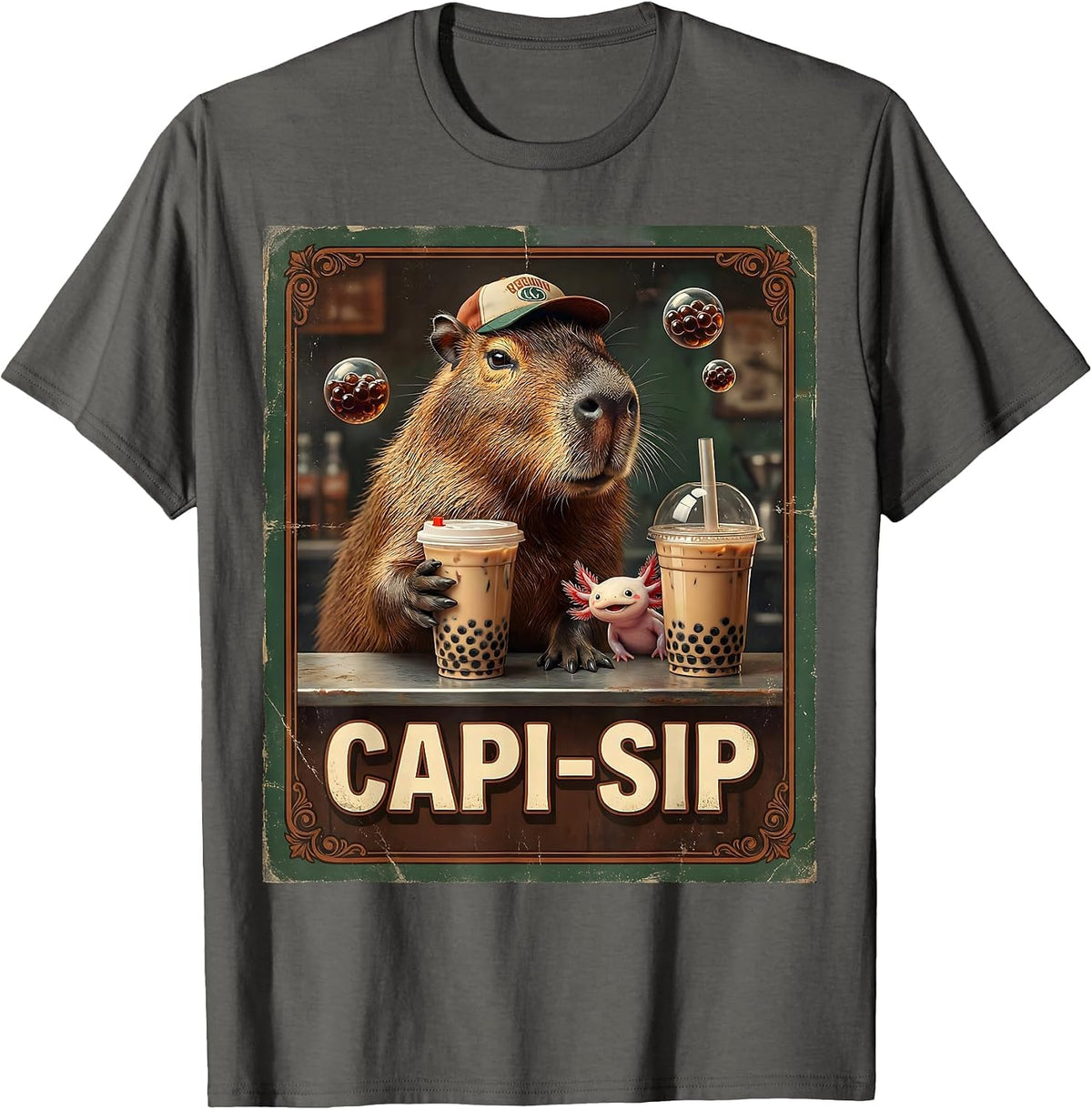 Capi-Sip Vintage Kawaii Capybara Boba Tea Anime Humor T-Shirt - Asphalt Grey