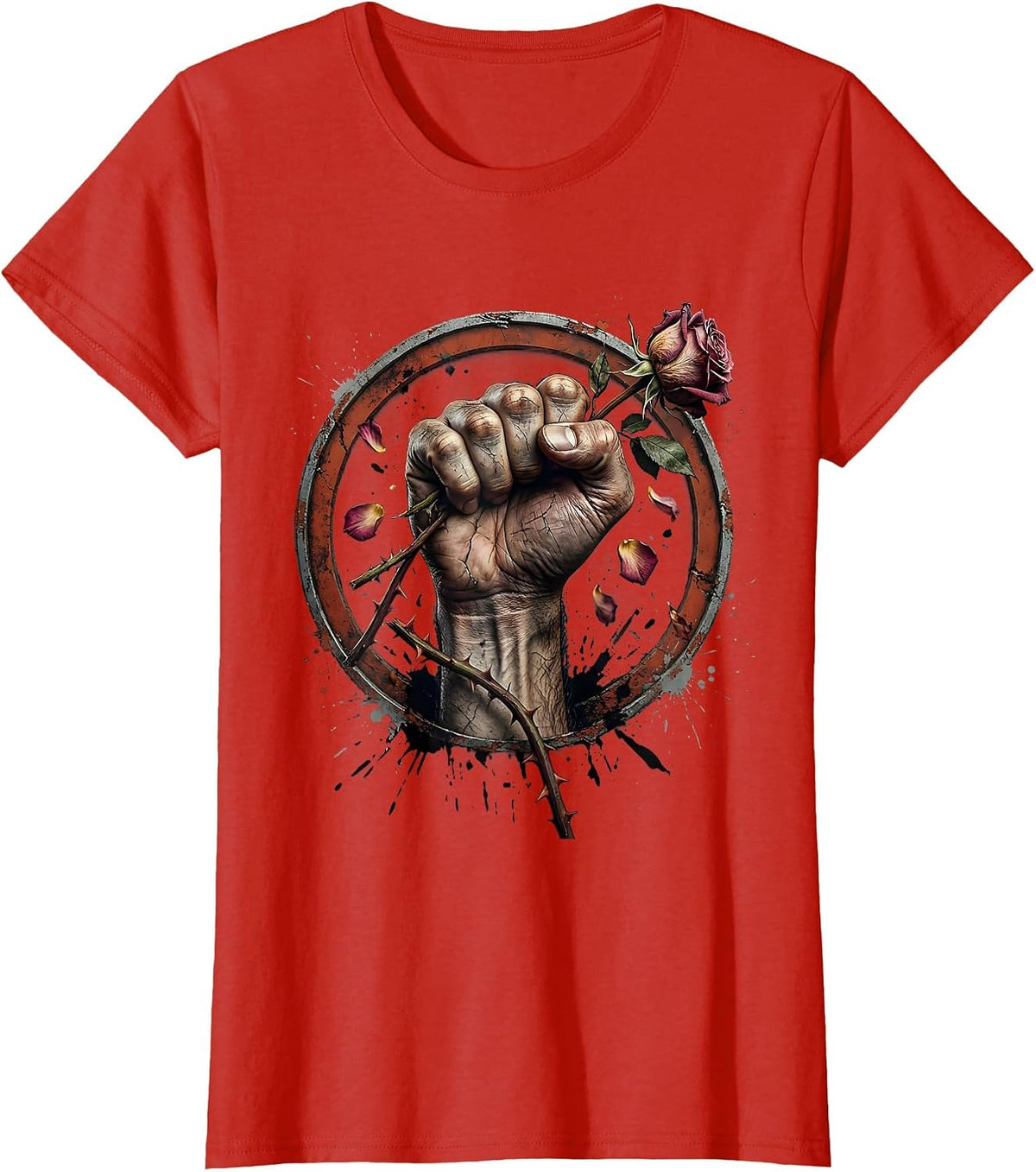 Angry Fist Crushing Rose Graphic Design T-Shirt - Red