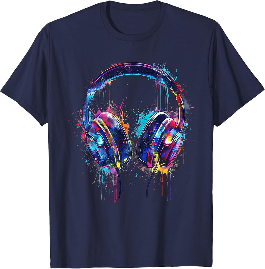 Headphones Music DJ Splash Dance Club Music Headphones House T-Shirt - Navy Blue
