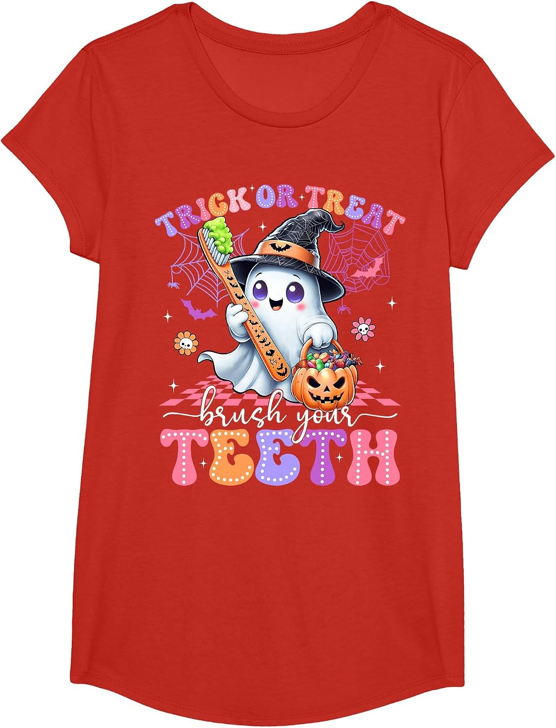 Retro Halloween Trick Or Treat Brush Your Teeth Cute Dentist T-Shirt - Girls Red