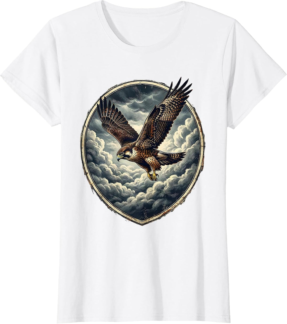 Women's Falcon Diving Through Storm Clouds Graphic T-Shirt - White