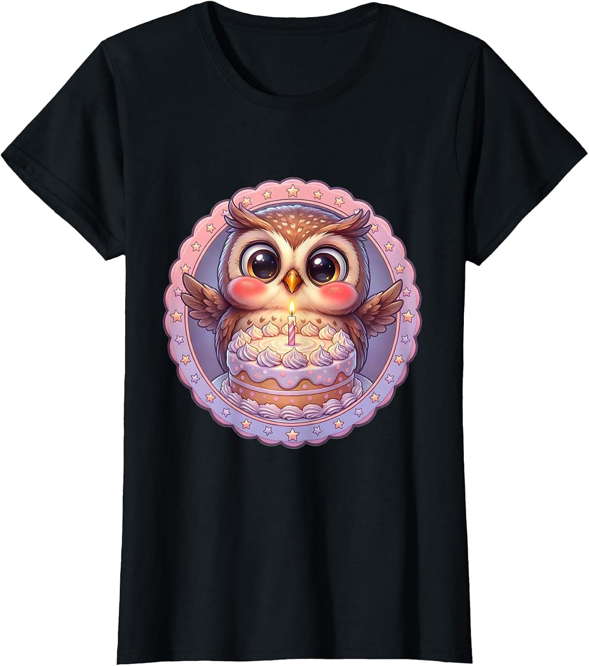Owl Birthday Cake Candle Celebration Graphic T-Shirt - Black