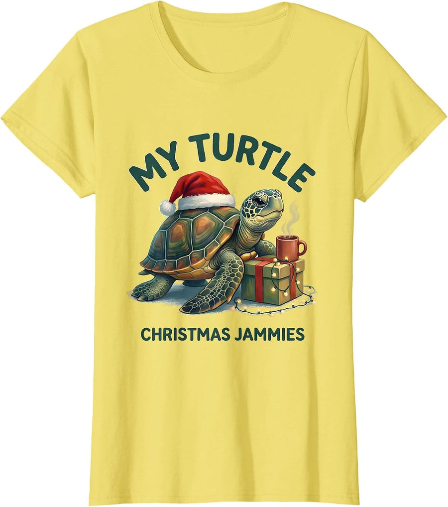 My Turtle Christmas Jammies Whimsical Sea Turtle Santa Hat T-Shirt - Lemon Yellow