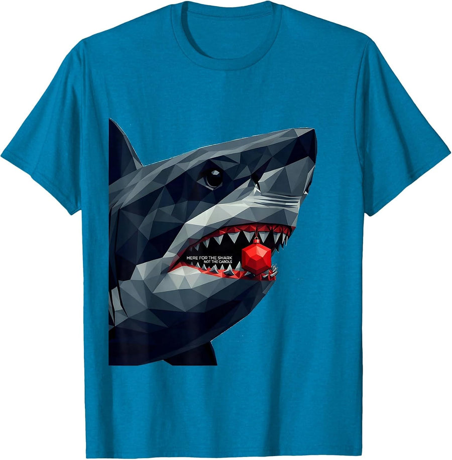 Here For The Shark Not The Carols Geometric Ugly Christmas T-Shirt - Sapphire Blue