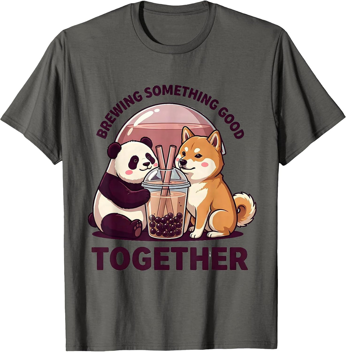 Men's Brewing Something Good Together Cute Panda Kawaii Boba Tea T-Shirt - Asphalt Grey
