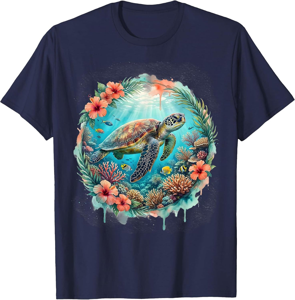 Men's Sea Turtle Coral Reef Hawaiian Ocean Design T-Shirt - Navy Blue
