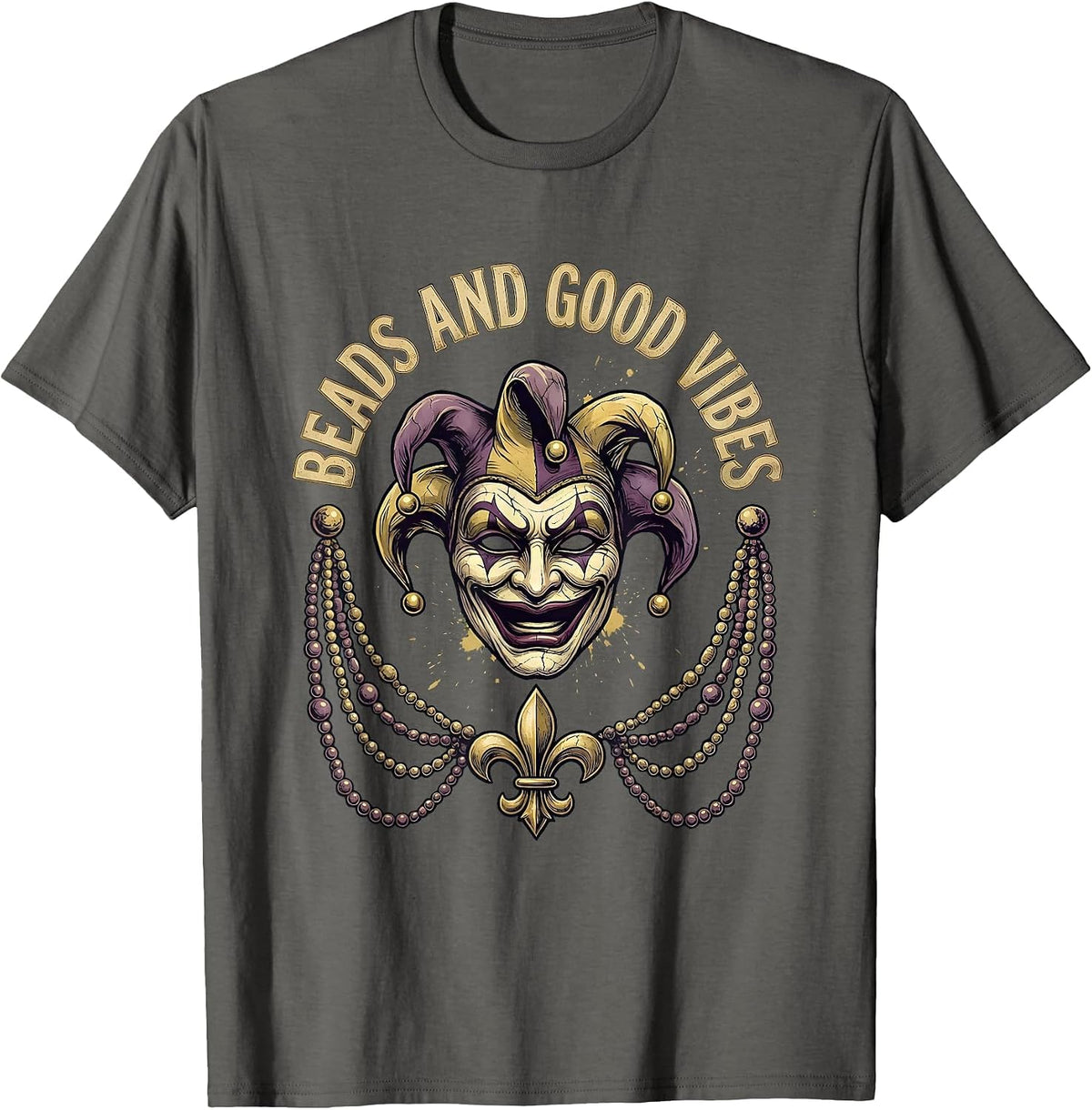 Beads and Good Vibes Mardi Gras Celebration Design T-Shirt - Asphalt Grey