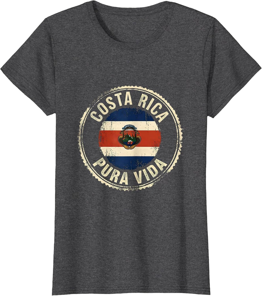 Women's Costa Rica Pura Vida Rubber Stamp Travel Souvenir T-Shirt - Dark Heather Grey