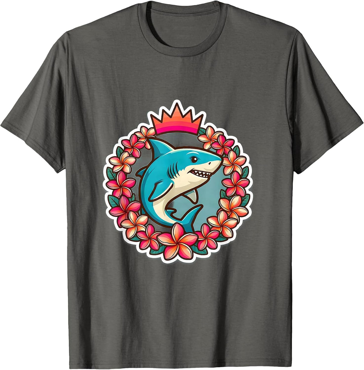 Men's Maui Plumeria Wreath Shark Tropical Illustration T-Shirt - Asphalt Grey