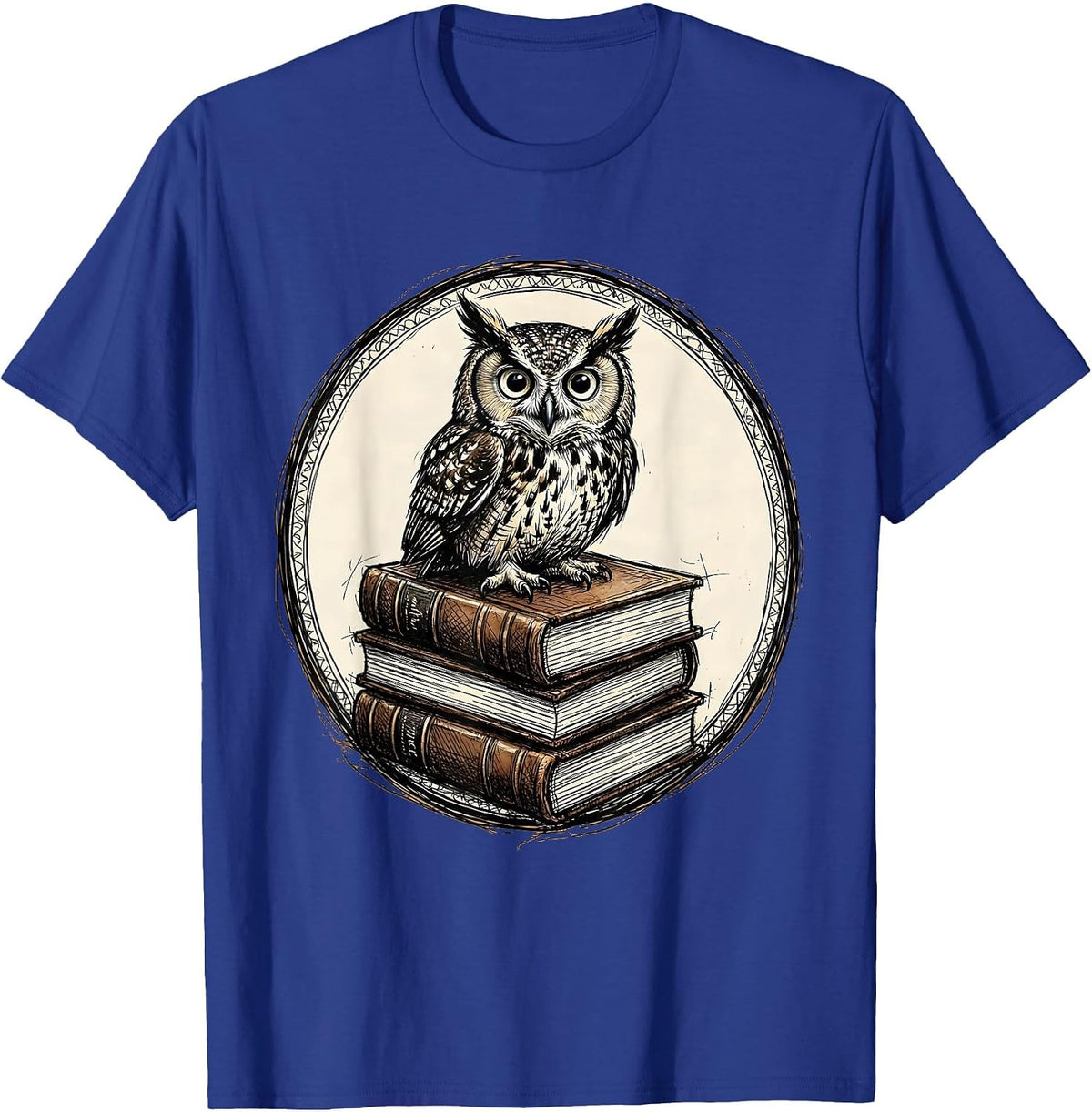 Men's Owl Perched on Stacked Leather Books Illustration T-Shirt - Royal Blue