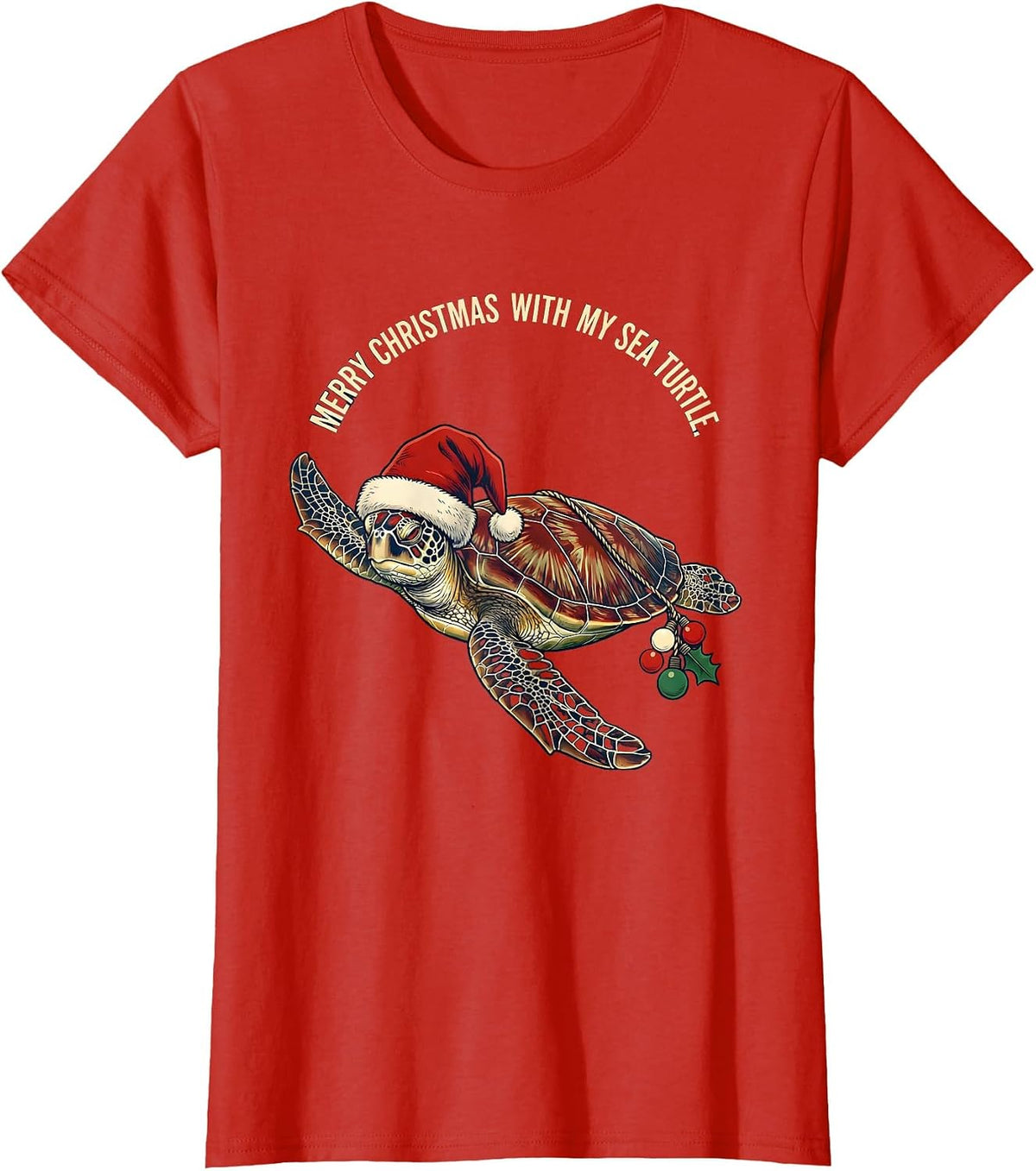 Merry Christmas With My Sea Turtle Whimsical Holiday Sea T-Shirt - Red