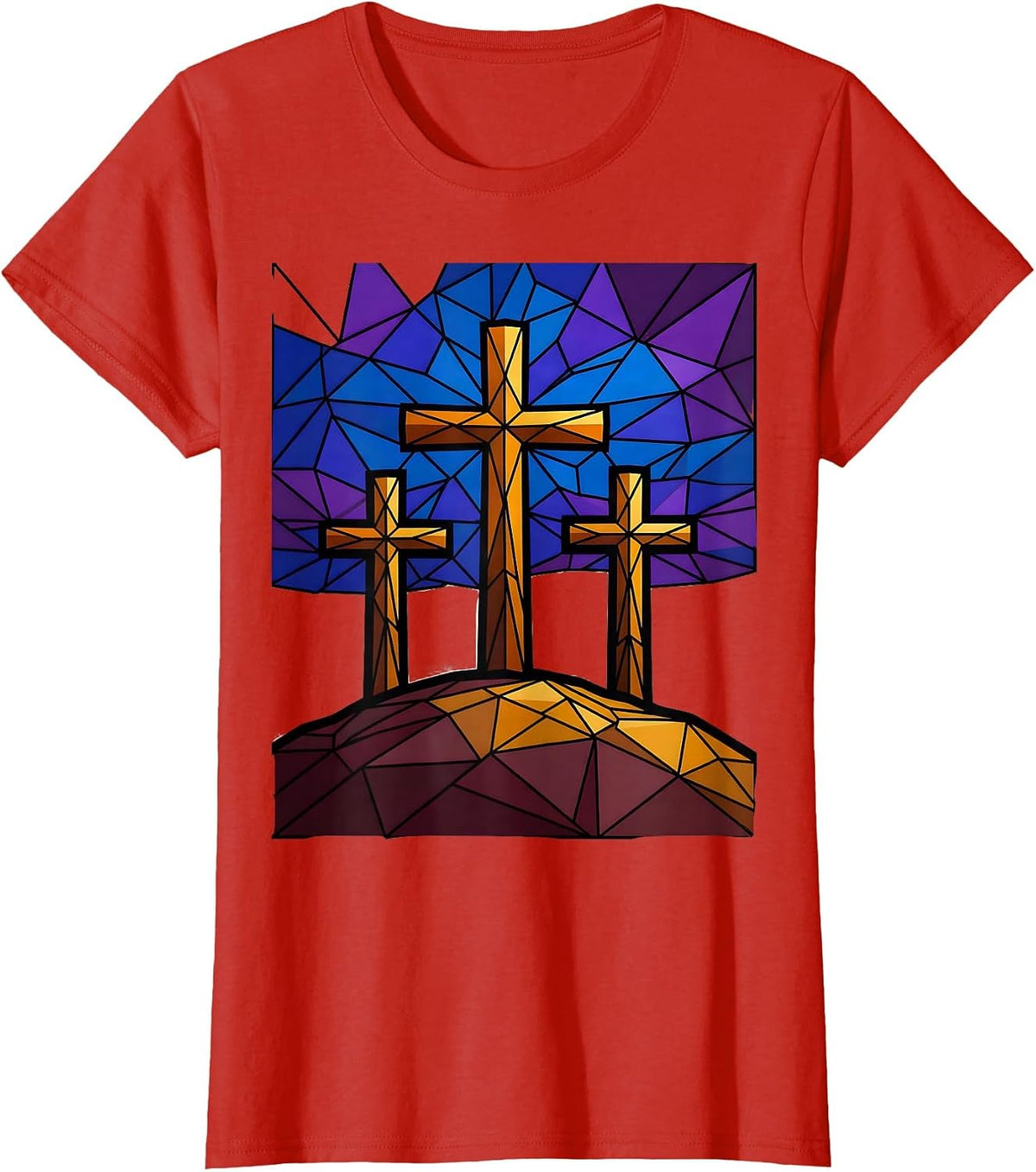 Three Crosses on Barren Hilltop Christian Design T-Shirt - Red