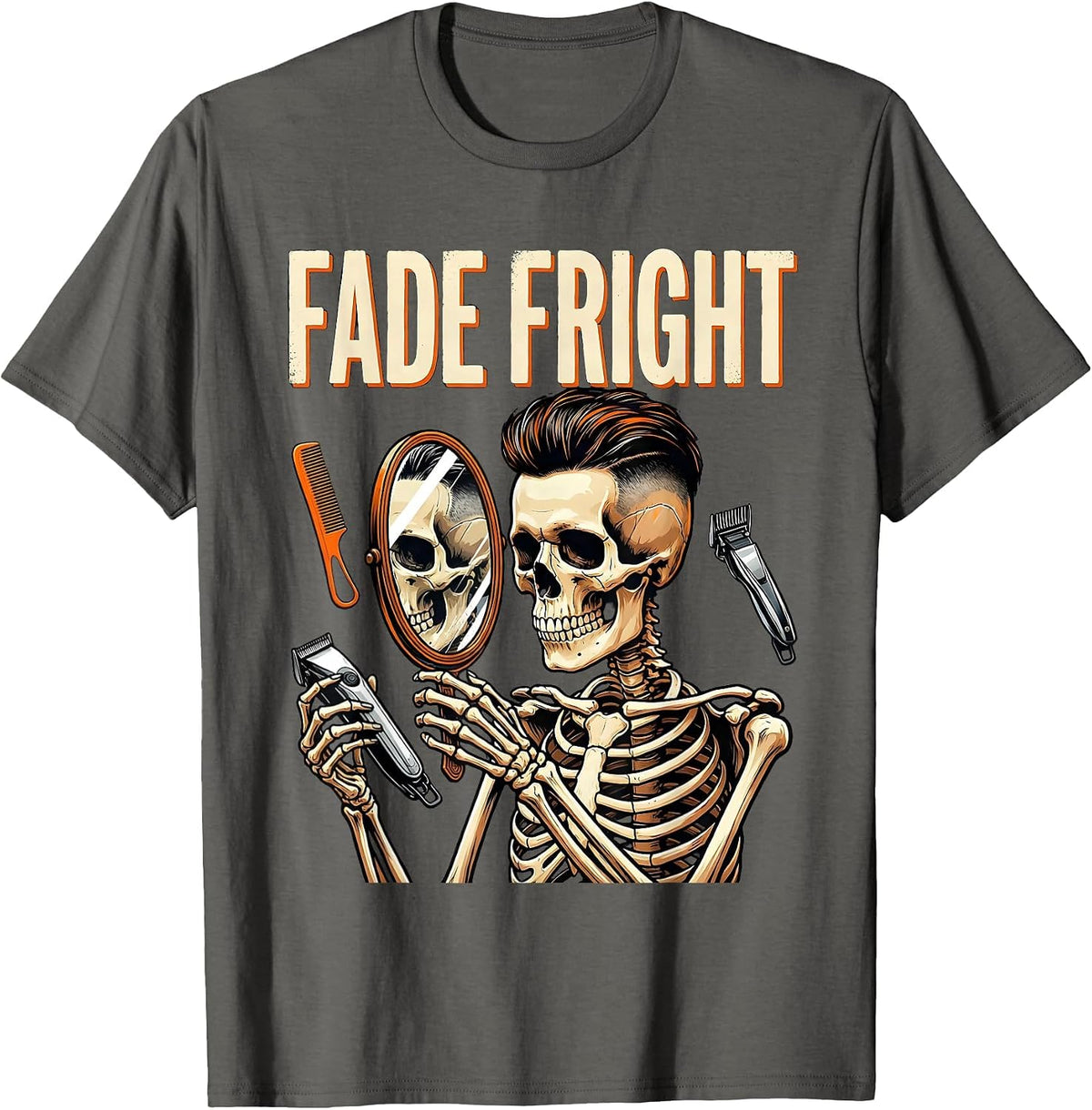Fade Fright Screenprint Skeleton Barber Halloween T-Shirt - Asphalt Grey