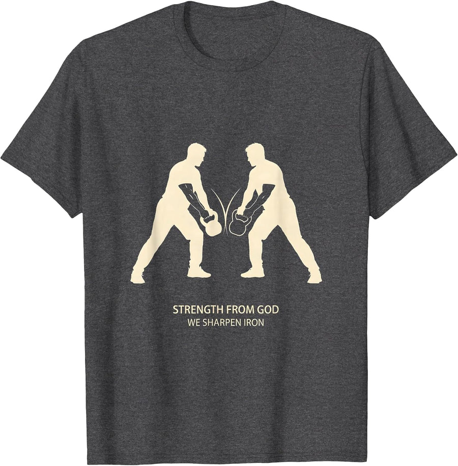 Men's Strength From God We Sharpen Iron Christian Men Gym Workout T-Shirt - Dark Heather Grey