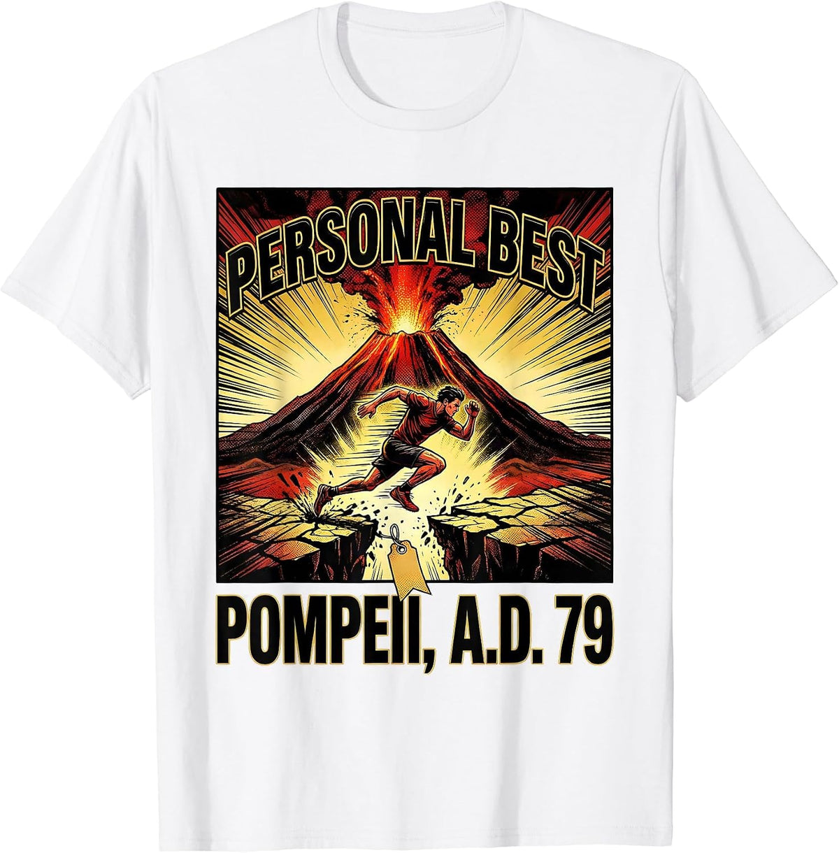 Men's Personal Best Pompeii A.D. 79 Comic Book Volcano History T-Shirt - White