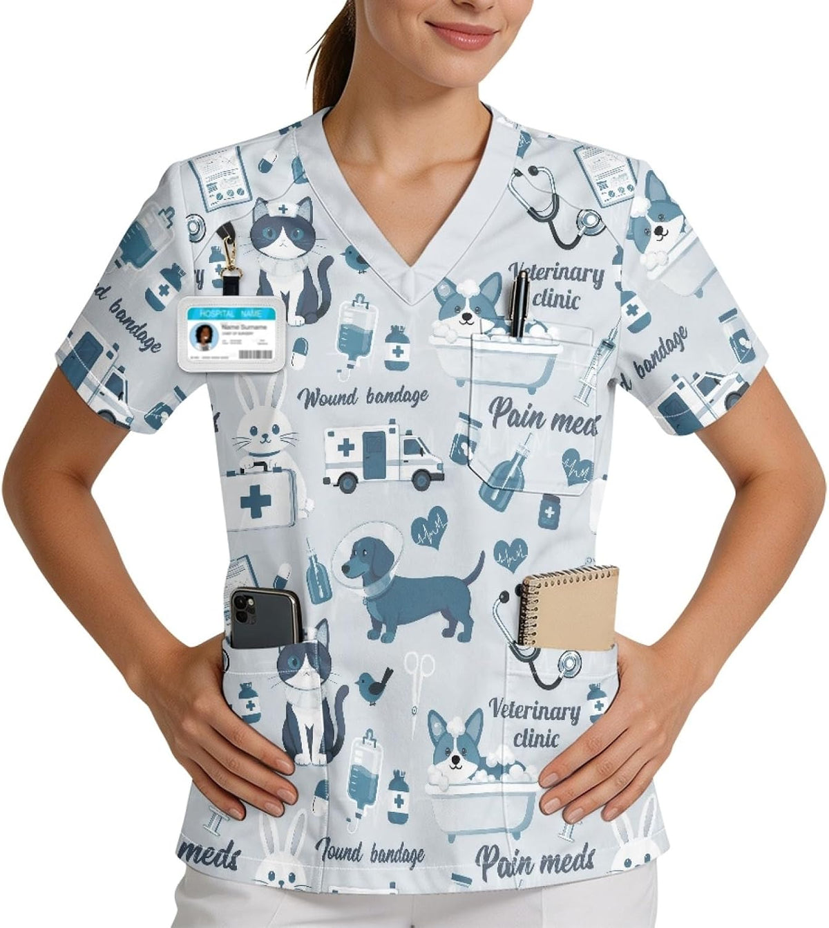Printed Scrub Top for Women, V Neck Plus Size Work Uniform - Blue - Cute Pet Medical Themed Print