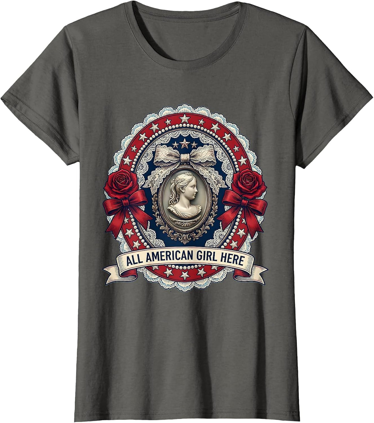Women's All American Girl Red White and Blue Patriotic Design T-Shirt - Asphalt Grey