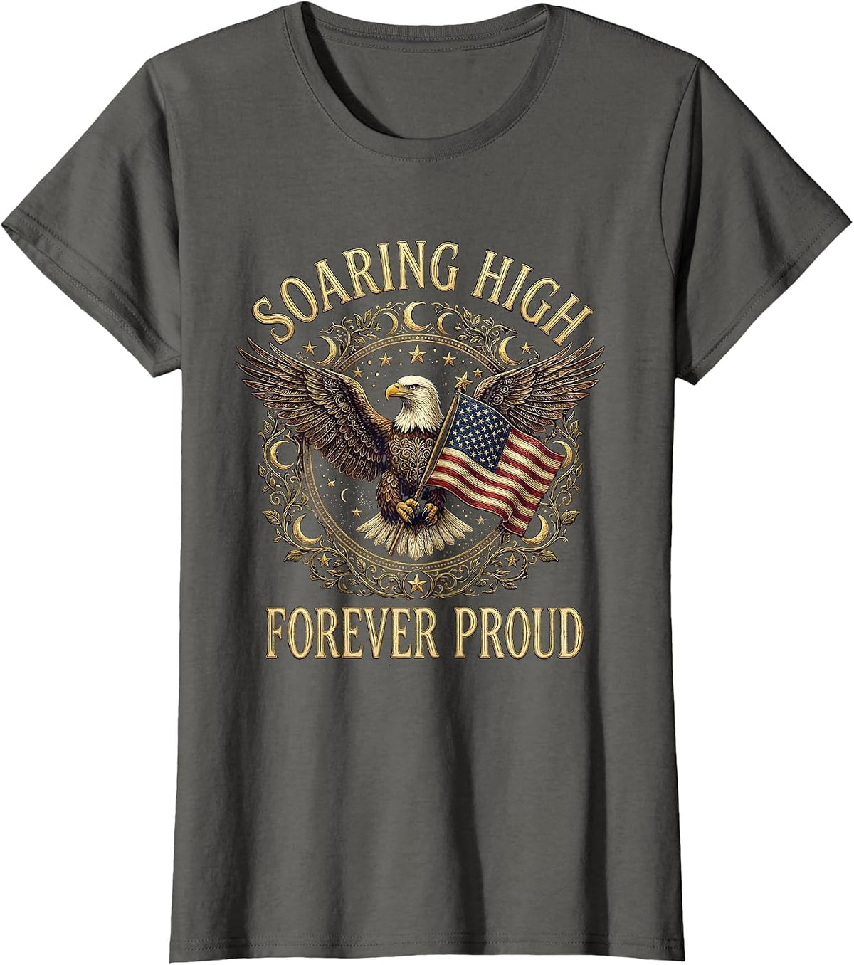 Women's Soaring High Forever Proud Veterans Day Eagle Design T-Shirt - Asphalt Grey
