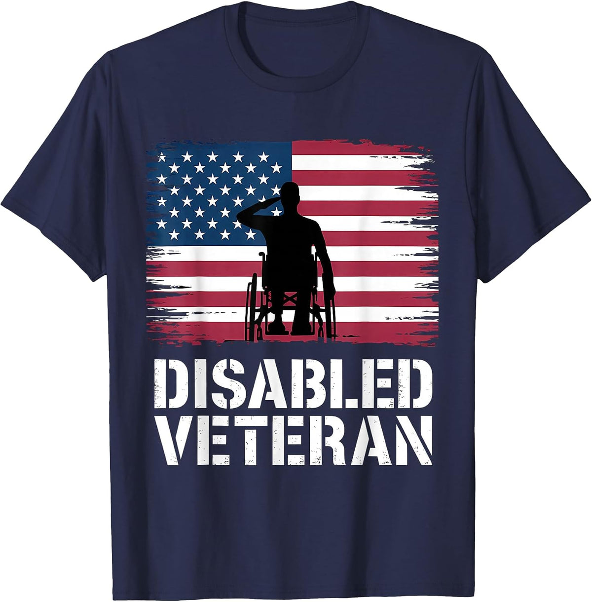 Disabled Veteran American Flag Patriotic Military Wheelchair T-Shirt - Navy Blue