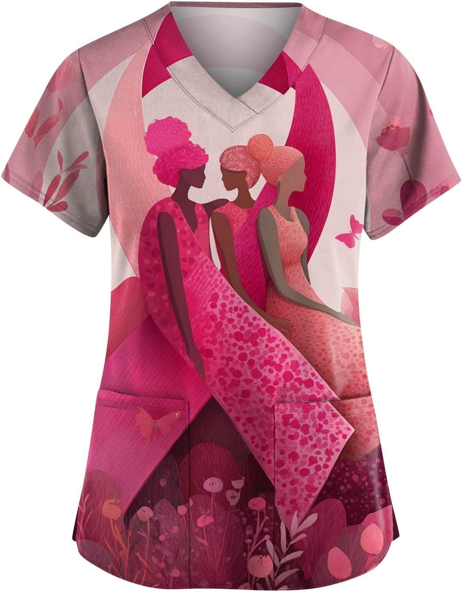 Breast Cancer Scrub Tops Women Plus Size Stretch V Neck Short Sleeve Nursing Scrub Shirts Lightweight Medical Uniform Pink