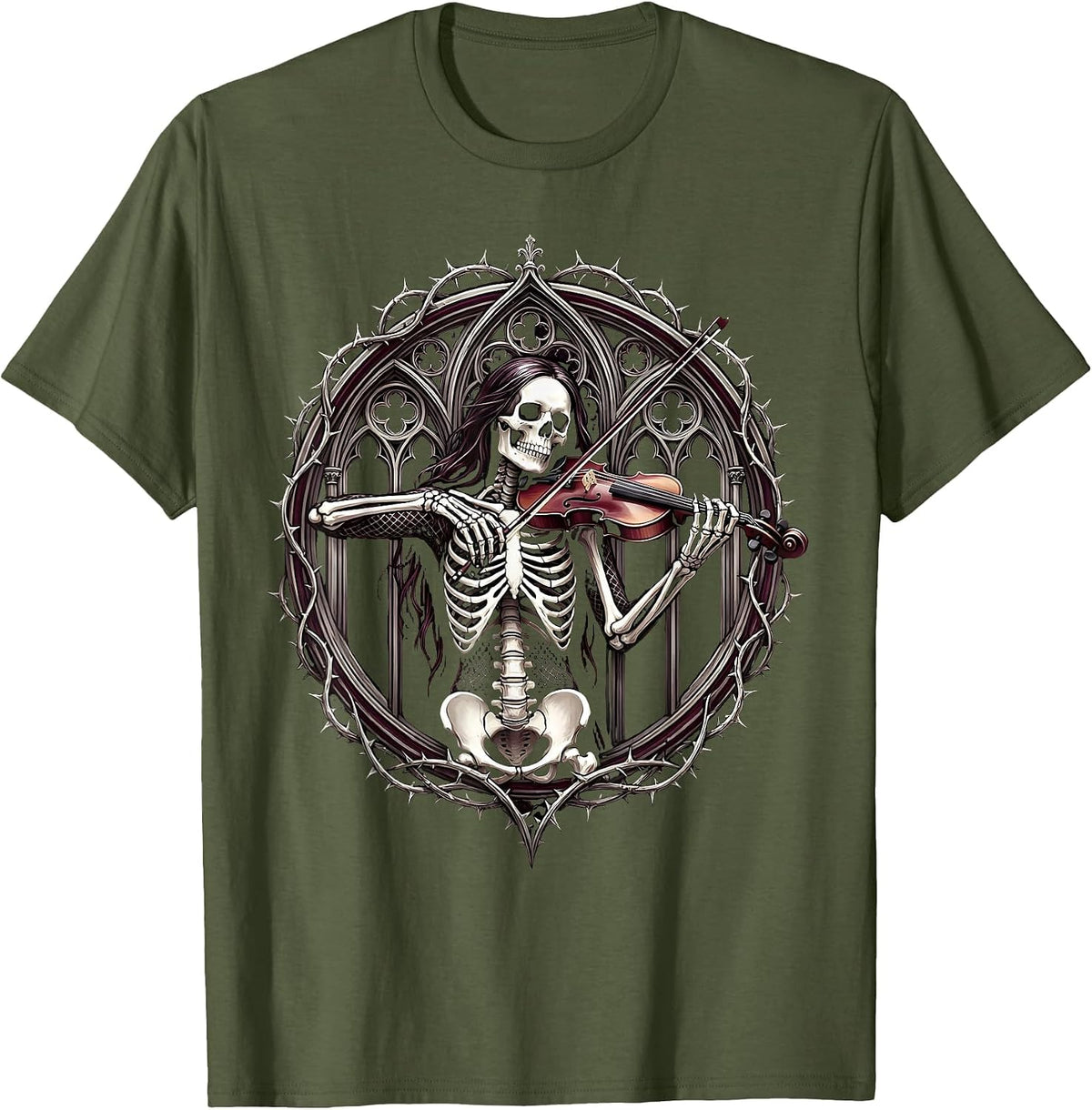 Skeletal Violinist Rock Band Fishnet Graphic T-Shirt - Olive Green