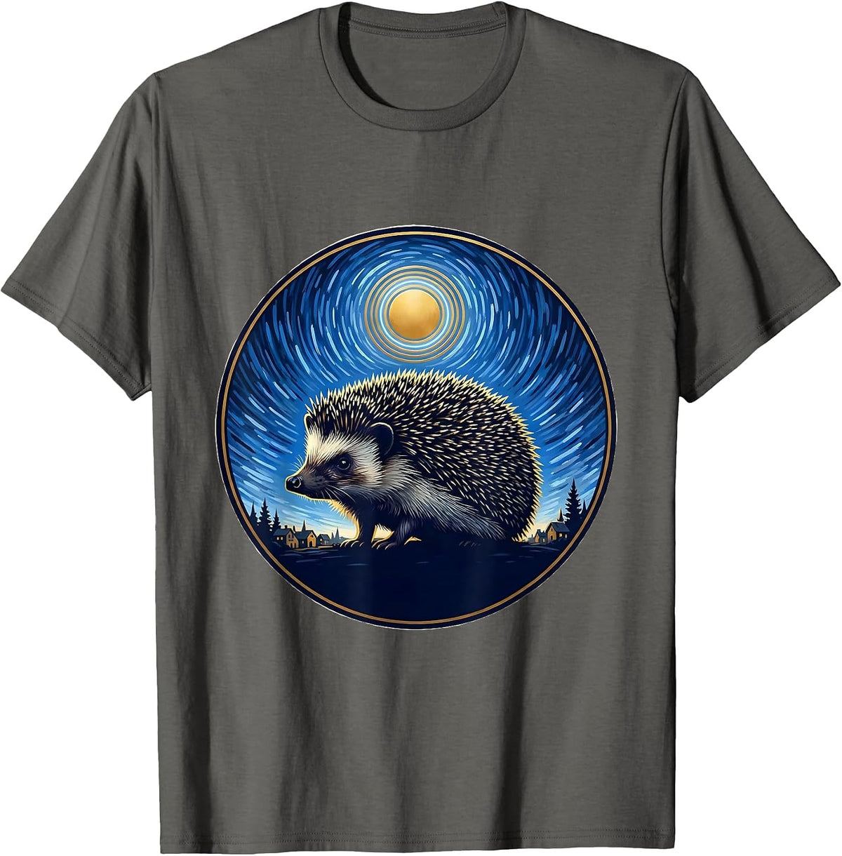 Men's Hedgehog Starry Night Van Gogh Animal Lover Art Parody T-Shirt - Asphalt Grey
