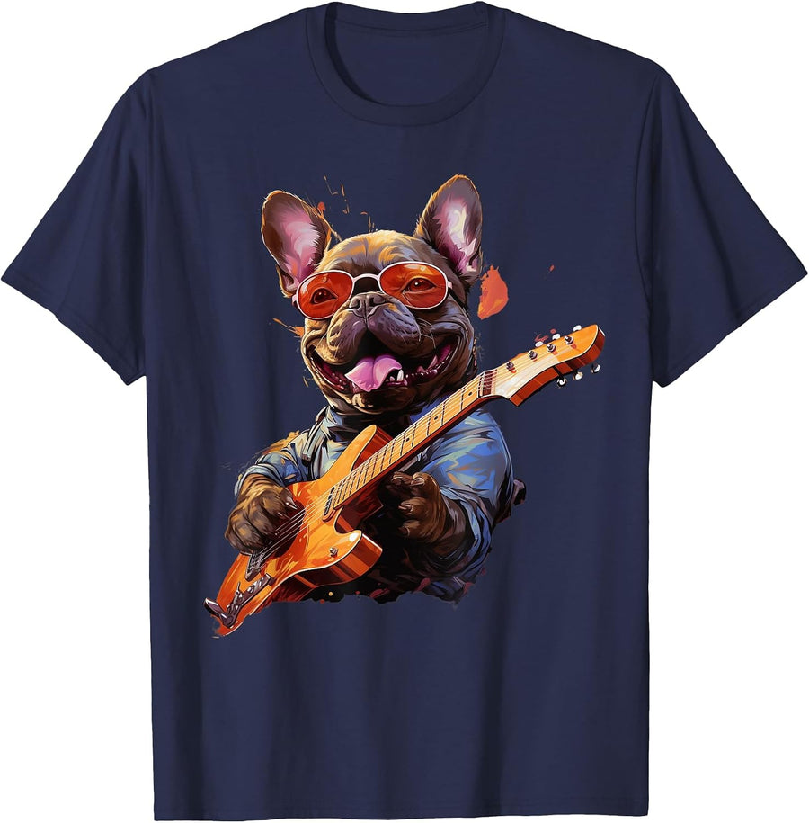 Funny Rock French Bulldog Playing Guitar T-Shirt - Navy Blue