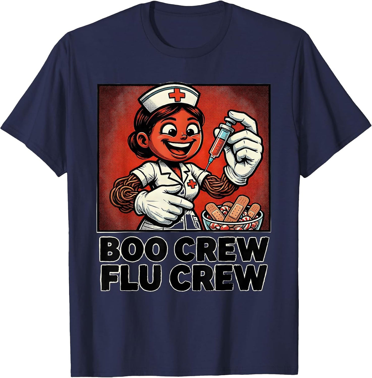 Men's Boo Crew Flu Crew Retro Cartoon Nurse Vaccine Humor T-Shirt - Navy Blue