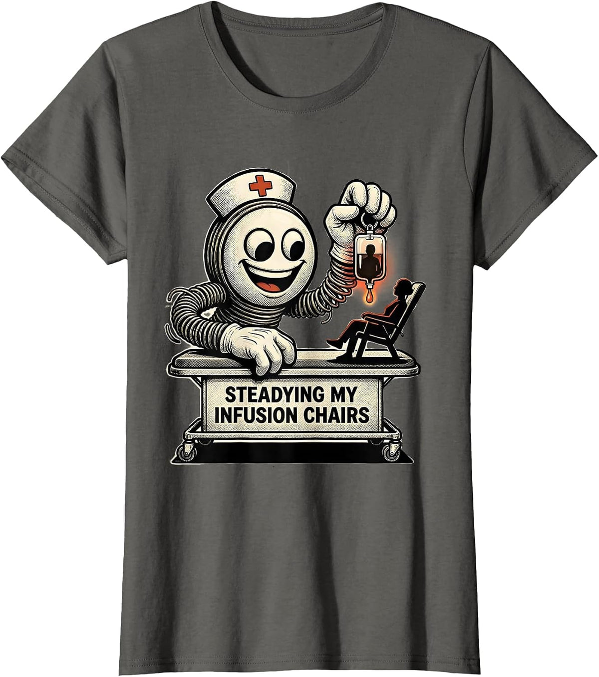 Women's Steadying My Infusion Chairs Retro Cartoon Nurse T-Shirt - Asphalt Grey