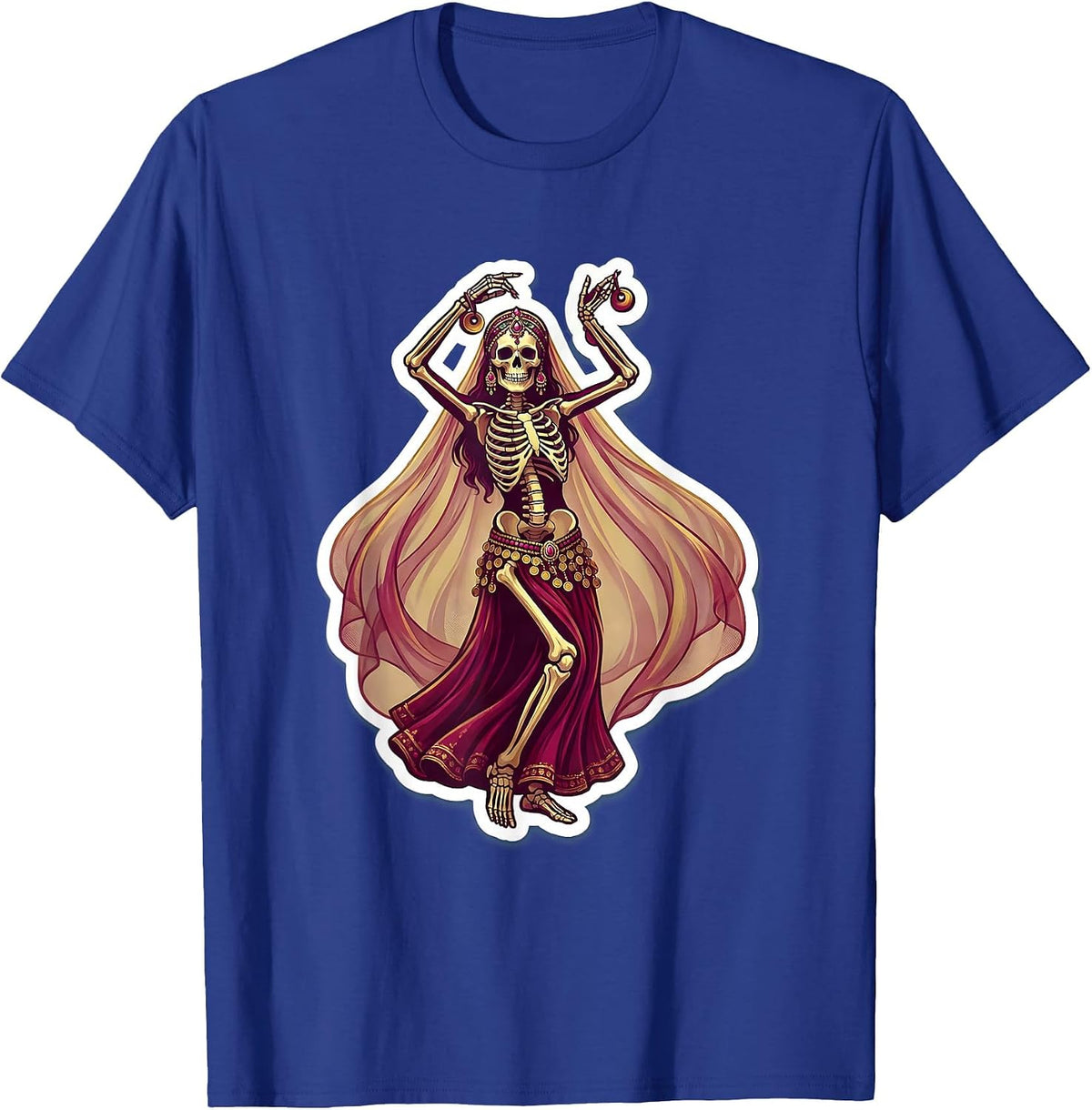Skeleton Belly Dancer Coin Belt and Veil Illustration T-Shirt - Royal Blue