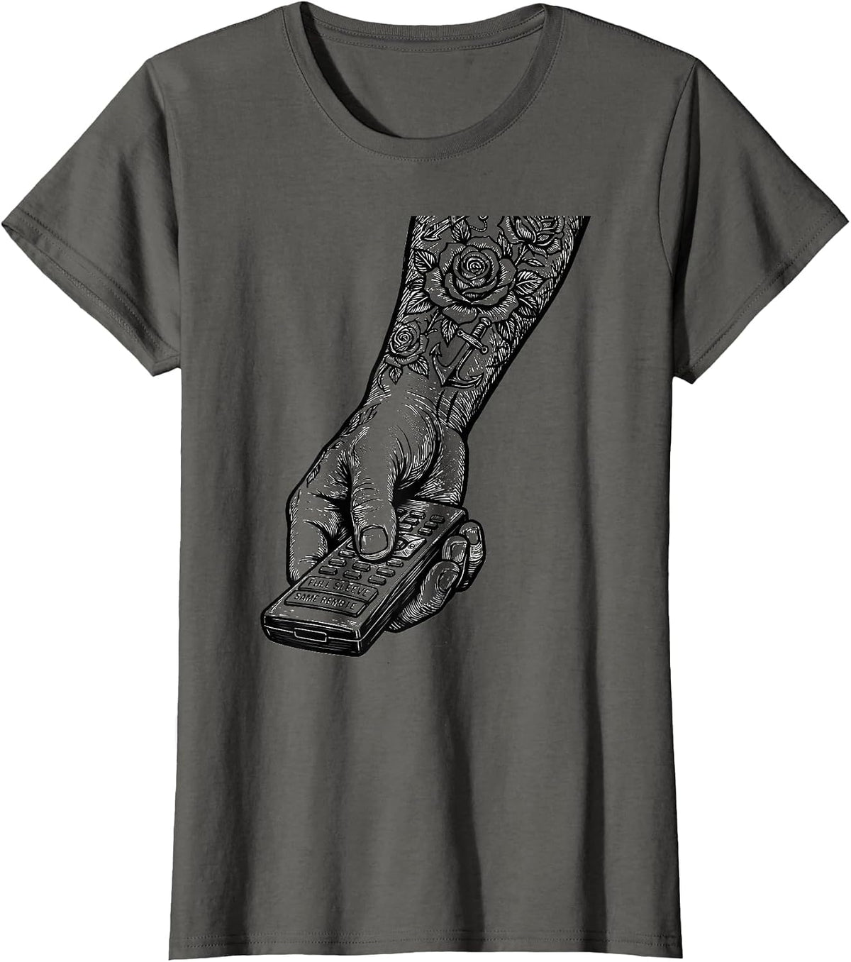 Women's Full Sleeve, Same Remote Vintage Tattoo Humor Ink Addict T-Shirt - Asphalt Grey