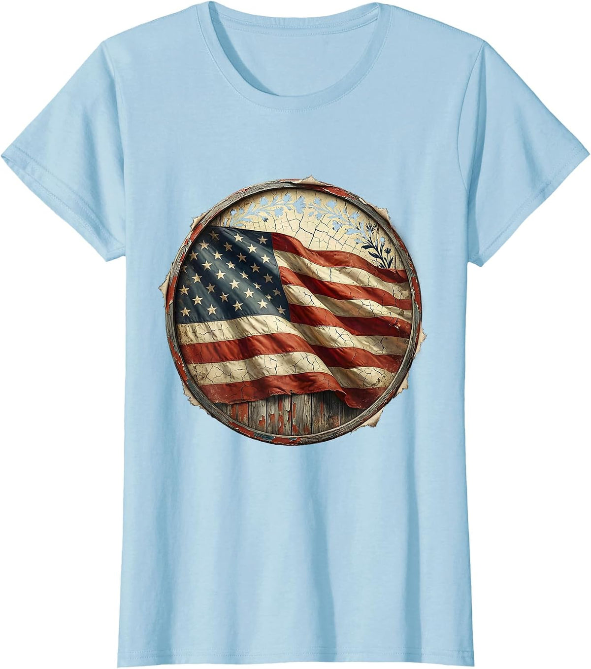 Girl in Flower Crown American Flag Cape Design T-Shirt - Baby Blue