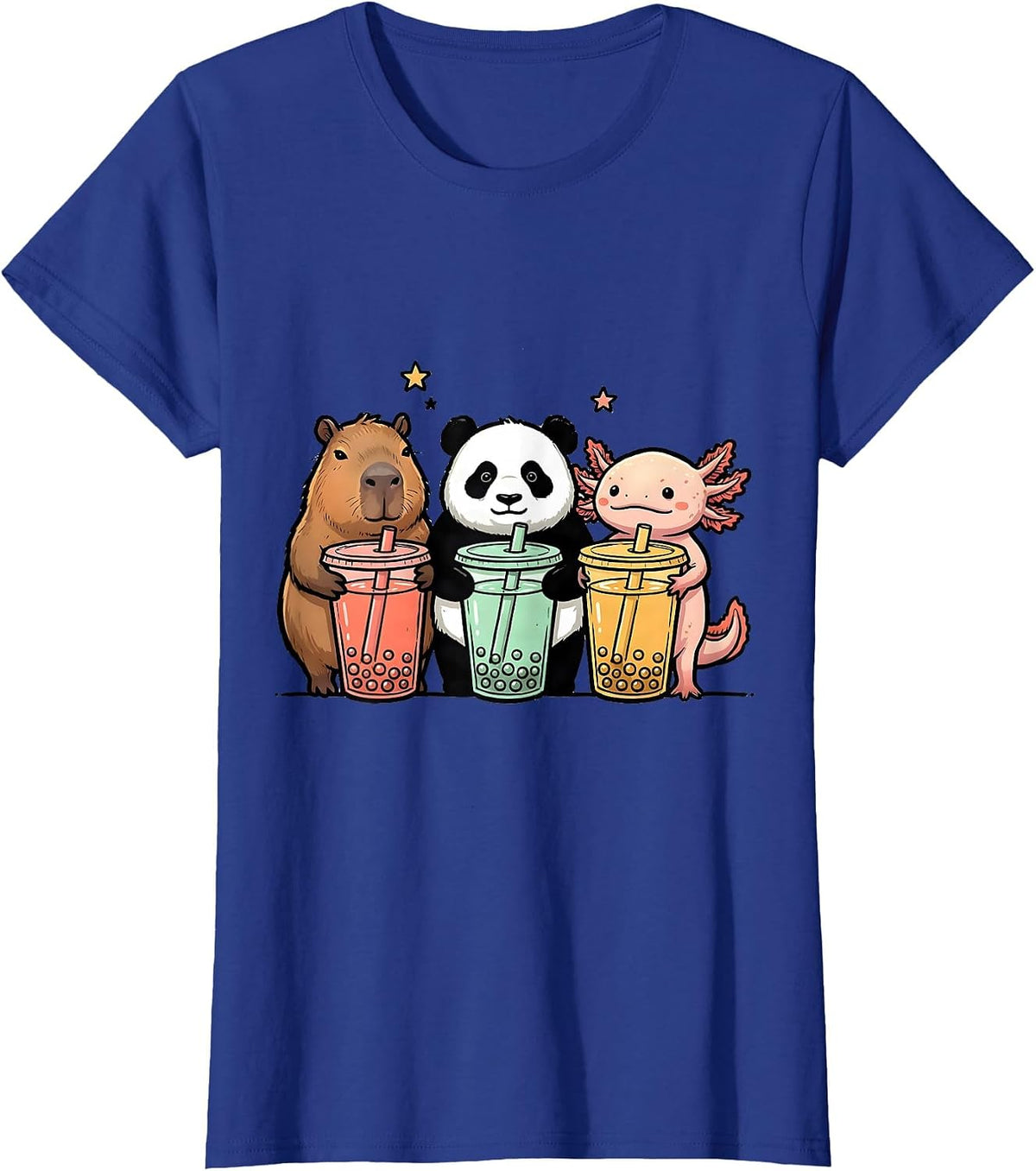 Women's Capybara Panda Axolotl Cute Kawaii Anime Boba Tea Girls T-Shirt - Royal Blue