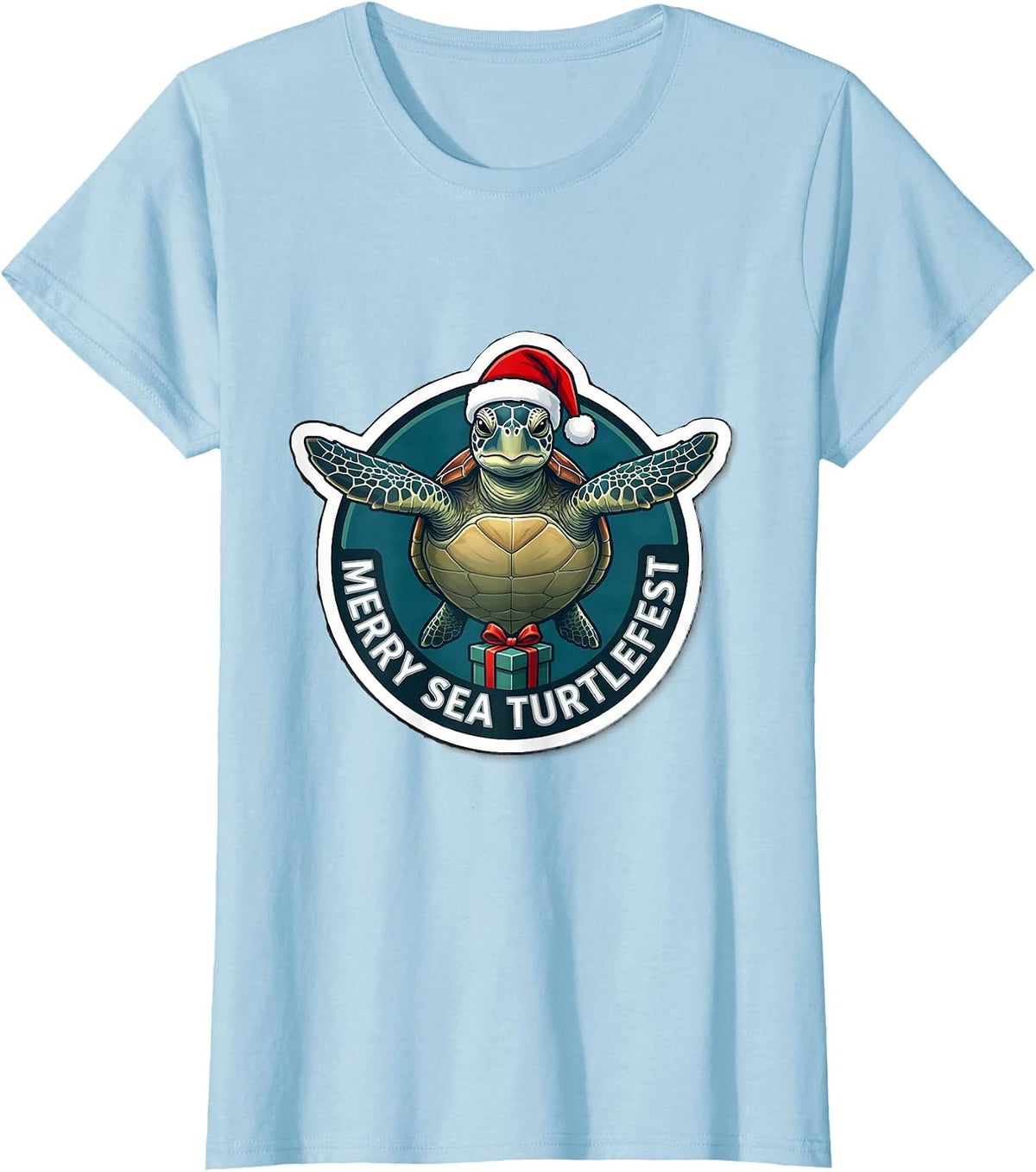 Women's Merry Sea Turtlefest Cute Sea Turtle Christmas Santa Hat T-Shirt - Baby Blue