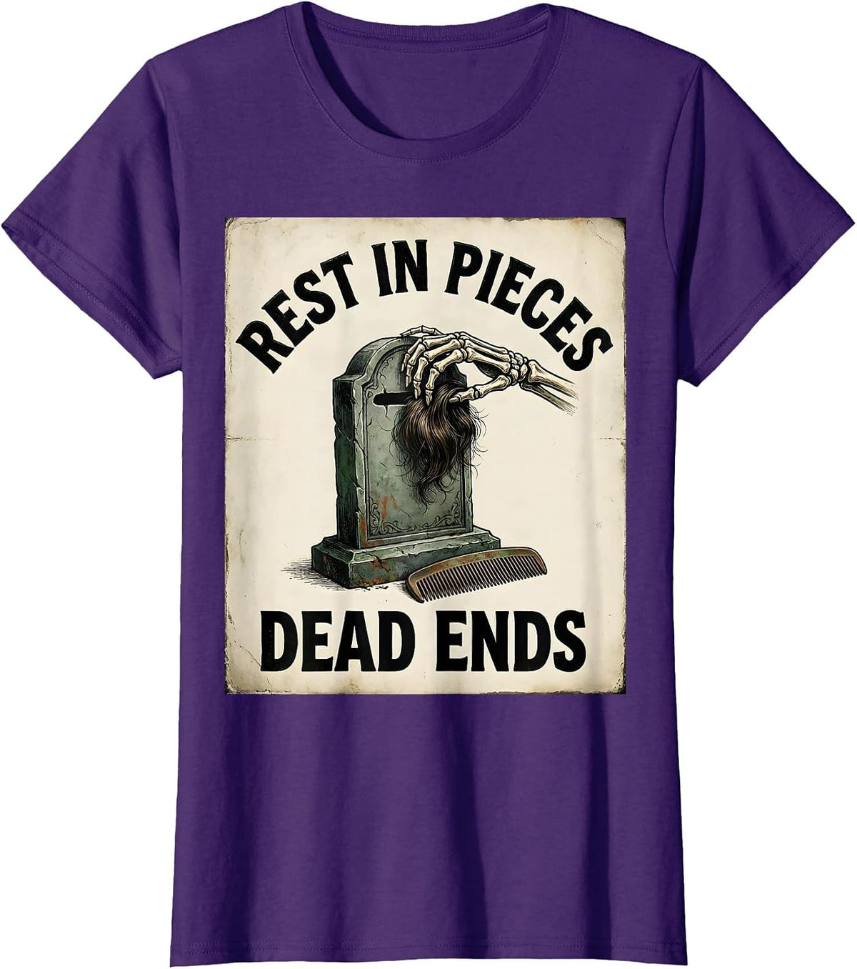 Women's Rest In Pieces Dead Ends Vintage Skeleton Hairdresser T-Shirt - Purple