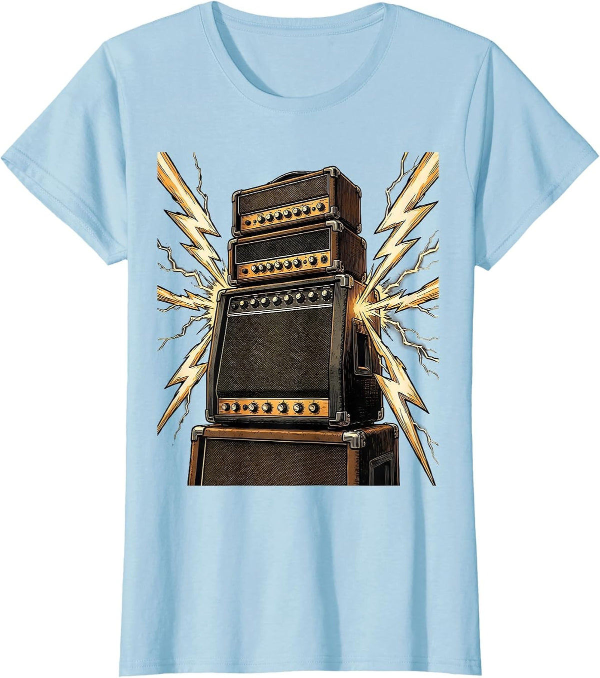 Stacked Amplifier Tower Lightning Bolts Graphic T-Shirt - Baby Blue
