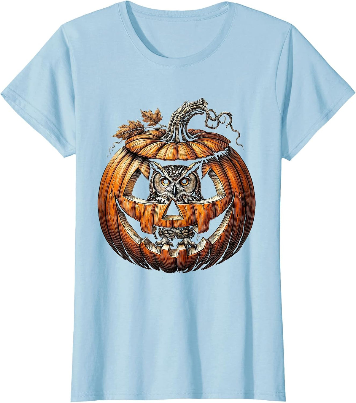 Women's Owl in Carved Pumpkin Lantern Halloween Design T-Shirt - Baby Blue
