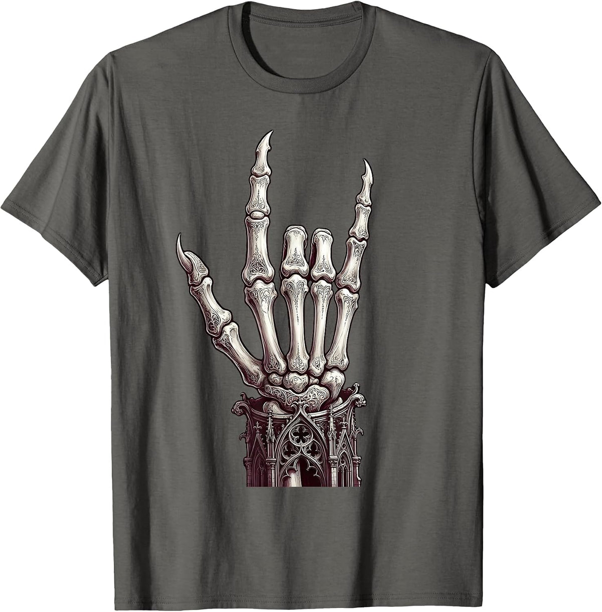 Skeletal Devil Horns Punk Rock Hand Sign T-Shirt - Asphalt Grey