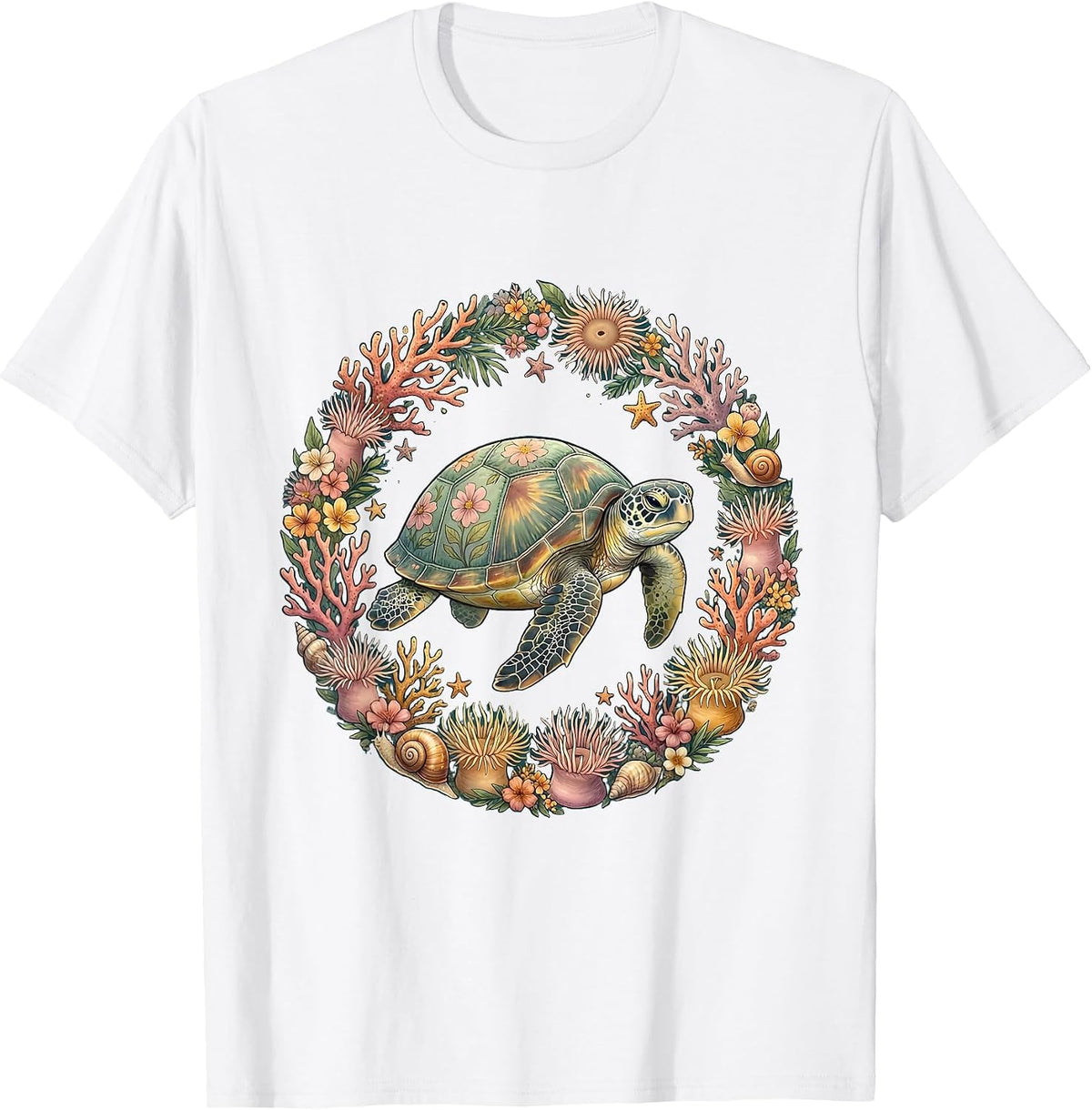 Men's Girls Hawaiian Sea Turtle Coral Reef Graphic T-Shirt - White