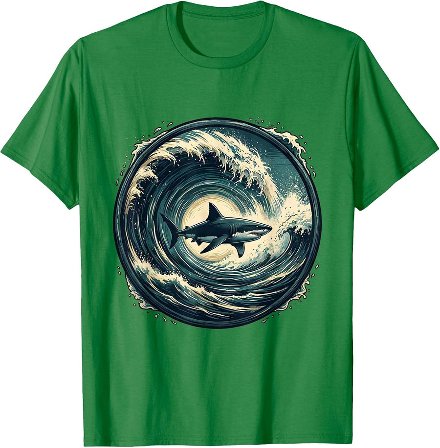 Men's Shark Silhouette Crashing Wave Barrel Graphic T-Shirt - Kelly Green