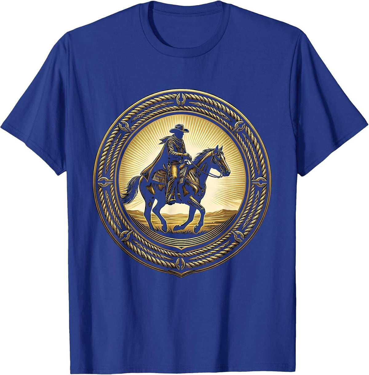 Men's Lone Cowboy Riding Horse at Sunset Western Art T-Shirt - Royal Blue