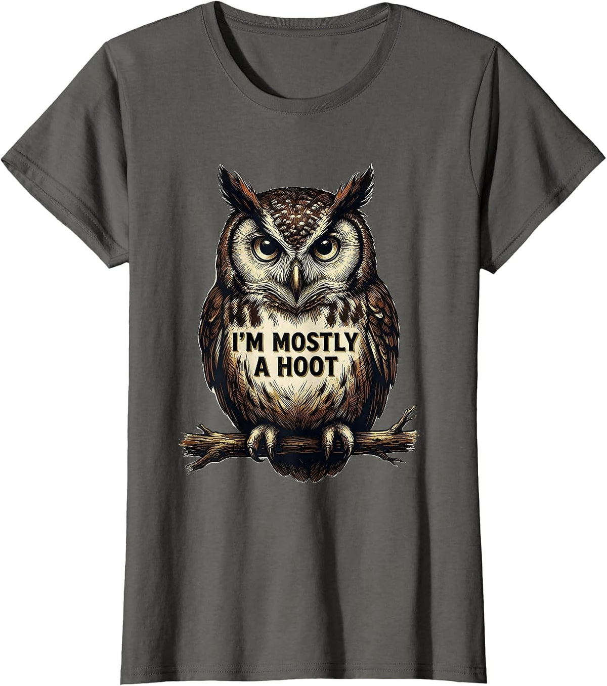 Women's I'm Mostly A Hoot Vintage Owl Bird Lover Humor Retro T-Shirt - Asphalt Grey