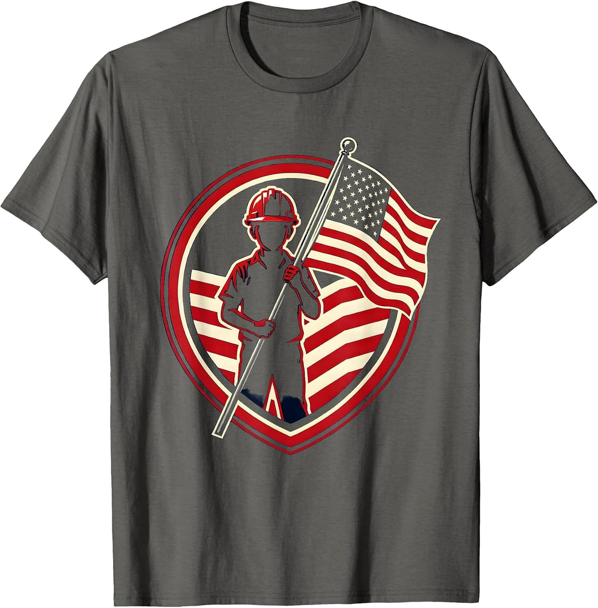 Young Patriot Boy Hardhat American Flag Illustration T-Shirt - Asphalt Grey