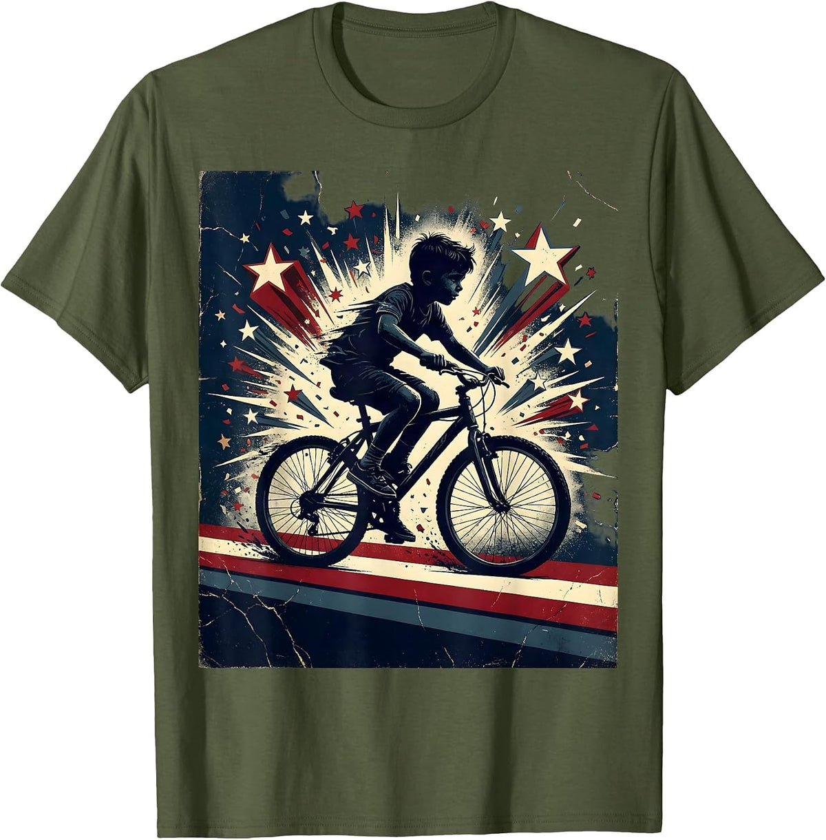 Red White and Blue Bicycle Confetti Celebration T-Shirt - Olive Green