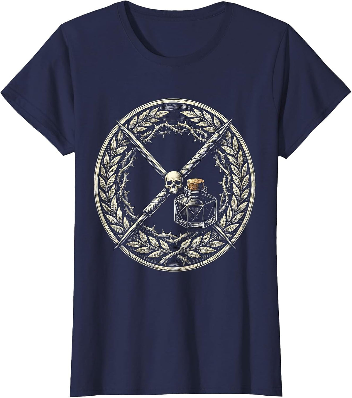 Women's Needle and Ink Crossed Tattoo Art Design T-Shirt - Navy Blue