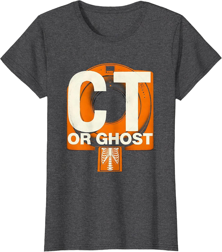 Women's Ghost Or CT Funny Radiology Tech Halloween Workplace Humor T-Shirt - Dark Heather Grey
