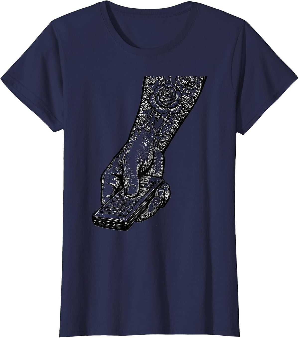 Women's Full Sleeve, Same Remote Vintage Tattoo Humor Ink Addict T-Shirt - Navy Blue
