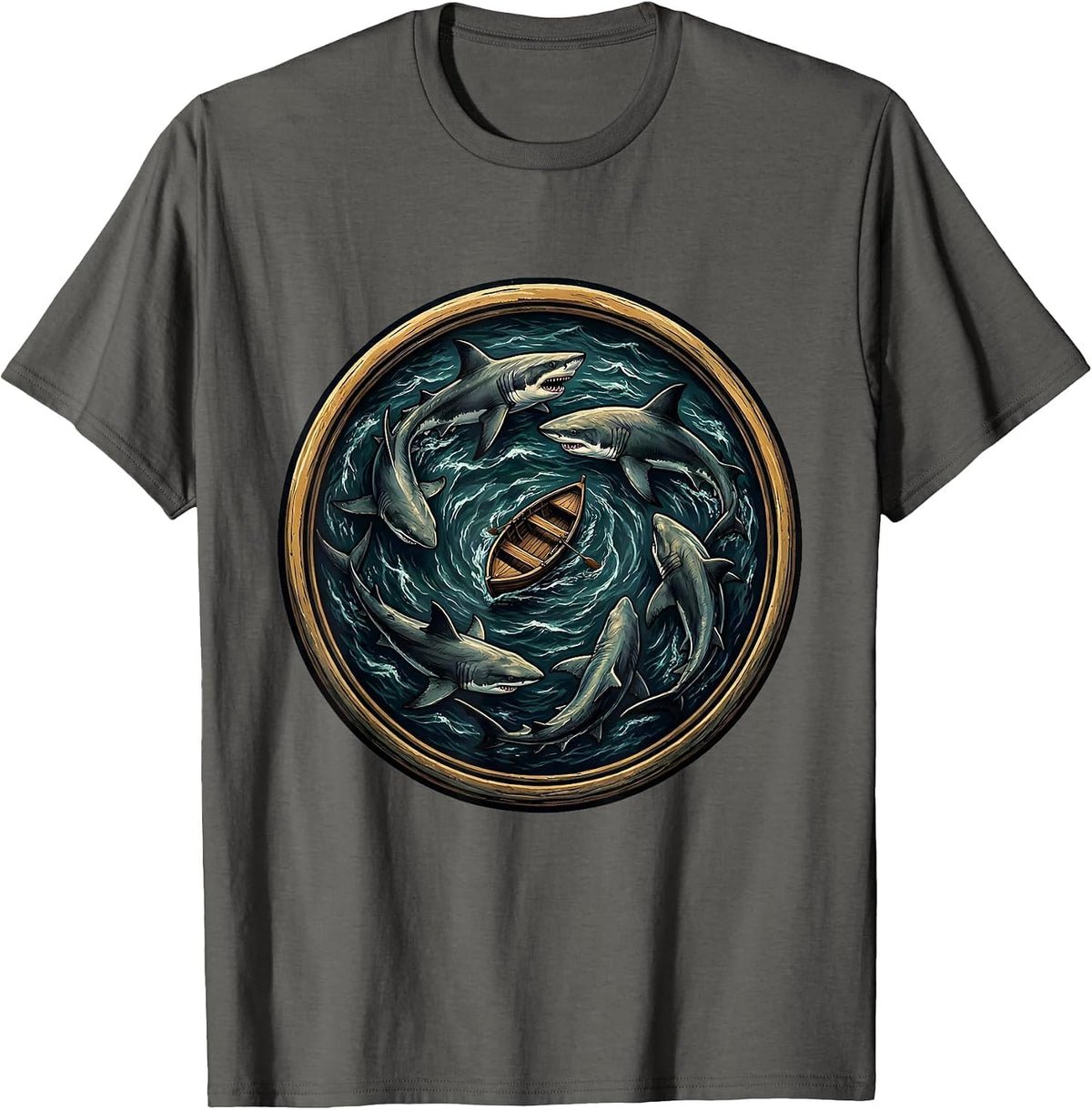 Pack of Sharks Circling a Boat Graphic T-Shirt - Asphalt Grey