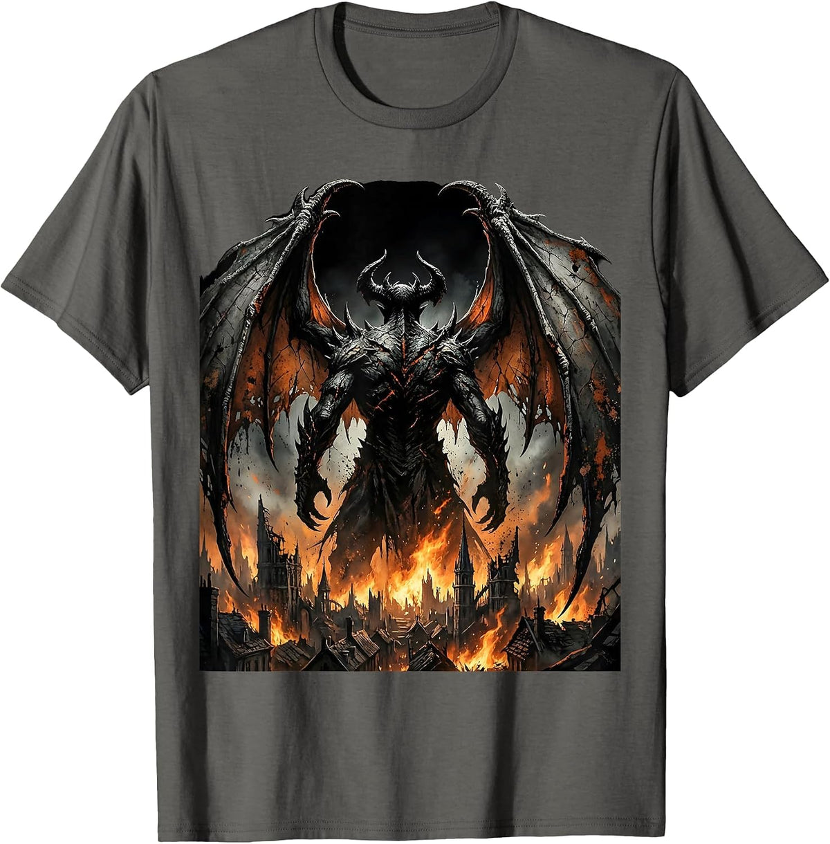 Demon Wings Burning City Halloween Graphic T-Shirt - Asphalt Grey